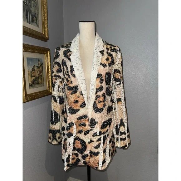 Leopard Lace Jacket Artsy Hippie Boho XL Sequins Animal Print Blazer Origami - Picture 1 of 16
